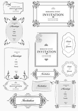 Set of ornate vector frames and ornaments with sample text. Perfect as invitation or announcement. All pieces are separate. Easy to change colors and edit.のイラスト素材