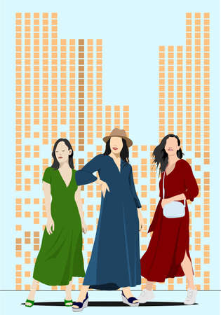 Three fashion women on downtown background. Vector 3d illustrationのイラスト素材
