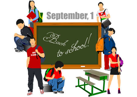 Big set of âBack to schoolâ with desk and school boys images. Vector 3d illustrationのイラスト素材