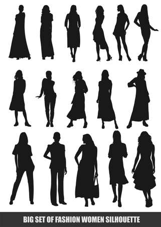 Big set of fashion women silhouette. B&W vector illustrationのイラスト素材