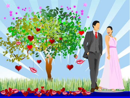 Decorative Valentine`s Day tree with hearts, lips, bride and groom images. Vector 3d illustrationのイラスト素材