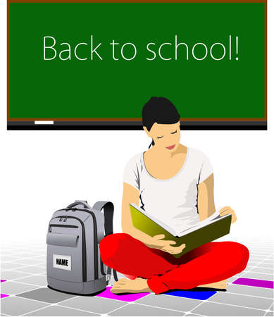 Young girl reading book. Back to dchool. Vector 3d illustrationのイラスト素材