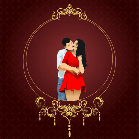 Invitation vintage card with kissin couple. Wedding or Valentine`s Day. Vector 3d illustrationのイラスト素材