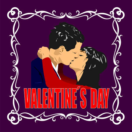 Valentines Day with kissing couple. Vector Color 3d illustration.のイラスト素材