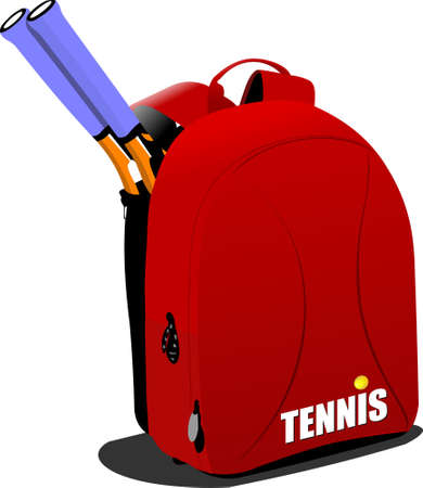 Red backpack with tennis rockets. 3d color vector illustration