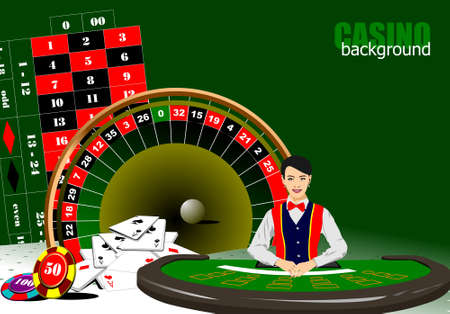 Casino elements with woman croupier image. 3d vector illustrationのイラスト素材