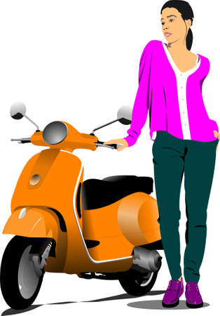 Orange city scooter and fashion girl. Vector 3d illustrationのイラスト素材
