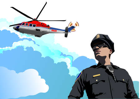Police helicopter on sky background and policeman image. Vector 3d illustrationのイラスト素材