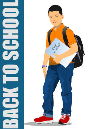 âBack to schoolâ with schoolboy image. Vector 3d illustrationのイラスト素材