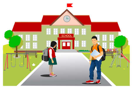 âBack to schoolâ with schoolboy and schoolgirl image. Vector 3d illustrationのイラスト素材