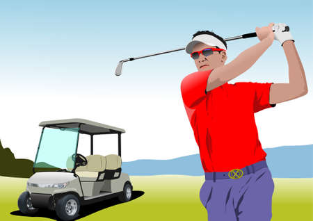 Electrical golf car on golf field background and golfer. Vector 3d illustrationのイラスト素材