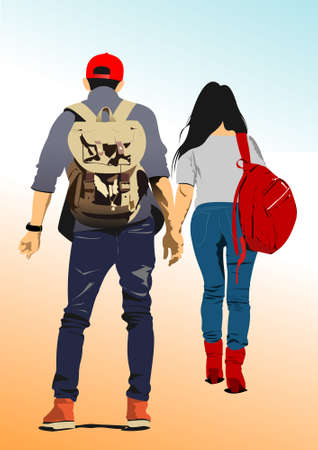 Young walking couple with packsack. Vector 3d illustrationのイラスト素材
