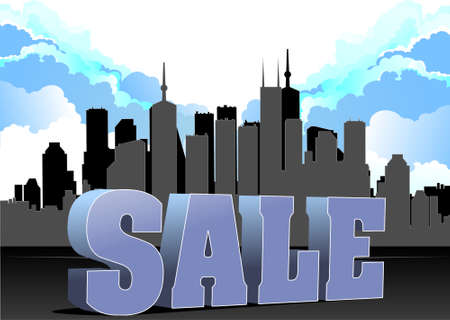 3D sale image on city panorama background. Vector color illustrationのイラスト素材
