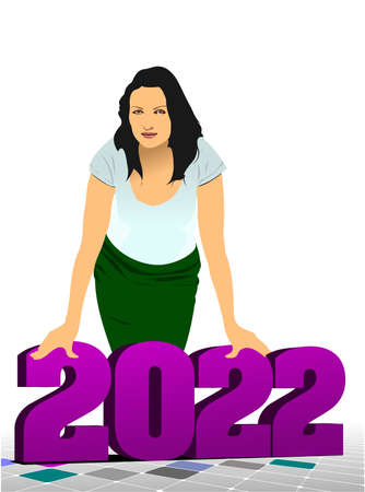 Vector 3d illustration of 2022 year with young woman