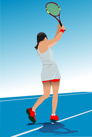 Woman Tennis player poster. Colored Vector 3d illustration for designersのイラスト素材