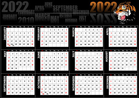 2022 calendar. year of tiger. vector color illustrationのイラスト素材
