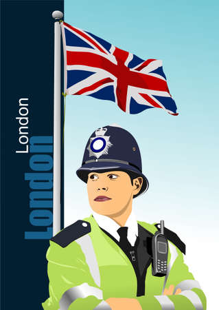 Policewoman with walkie-talkie radio on England flag background. vector 3d illustrationのイラスト素材