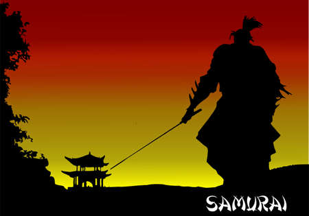 Black silhouette of Samurai with the sword on hight sky background. vector illustrationのイラスト素材