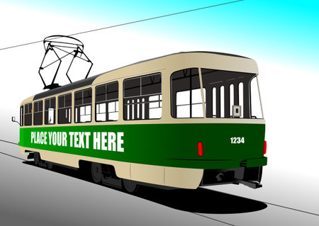 City transport. Tram. Colored Vector 3d illustration for designersのイラスト素材