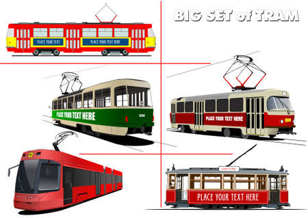 city transport. Set of old and modern Trams. Colored Vector 3d illustration for designersのイラスト素材