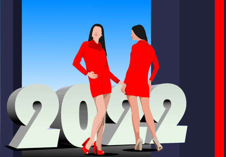 Young women and 3d 2022 year image. Colored vector illustrationのイラスト素材