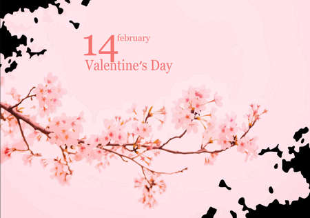 Valentine`s Day Greeting Card with sakura brunch. vector 3d illustrationのイラスト素材