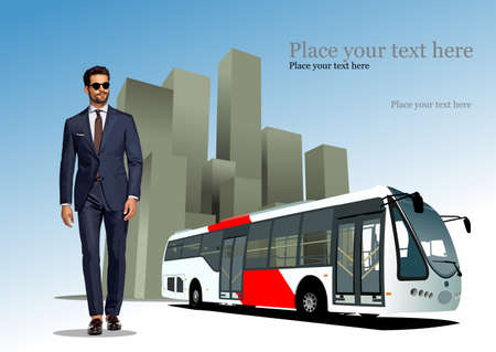 Young businessman and bus city on town background. vector 3d illustrationのイラスト素材