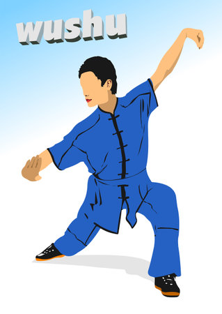 Oriental combat sports. wushu. Colored 3d vector illustration.のイラスト素材