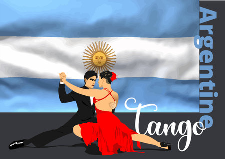Couple dancing a tango on Argentine flag background. Vector Colored 3d illustrationのイラスト素材