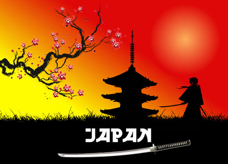 Sakura branch on a colored background. Color Vector illustration in Japanese styleのイラスト素材