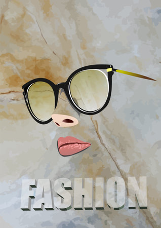 Woman face with sunglasses on marble background. 3d vector color illustrationのイラスト素材
