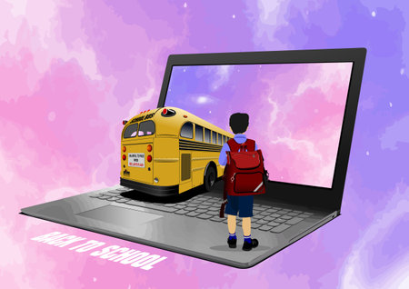 Abstract computer with school boy and school bus image. back to school. 3d vector illustration
