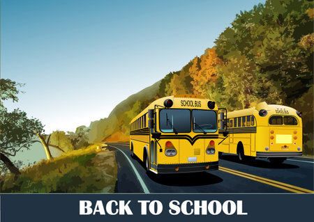 Two school buses on the road. back to school. vector 3d illustration