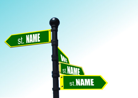 Street roadsign pointer with four arrows on blue sky background. 3d vector color illustrationのイラスト素材