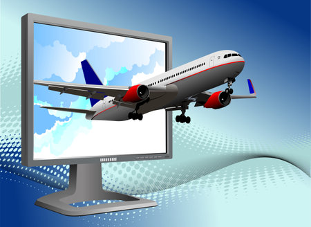 Abstract illustration with plane and desktop screen. Vector 3d designerのイラスト素材
