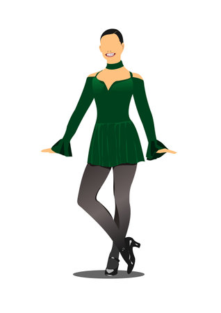 Beautiful woman in green dress for Irish dance jumping isolated on white. Riverdance. 3d color vector illustrationのイラスト素材