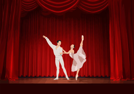 Composition from silhouettes of dancers on theater curtain background. color vector illustrationのイラスト素材
