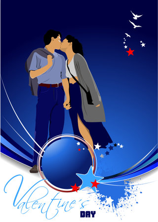 Valentine's day background with and kissing couple. vector 3d illustrationのイラスト素材