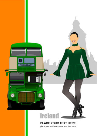 Vintage green bus and riverdance girl. vector illustration.のイラスト素材