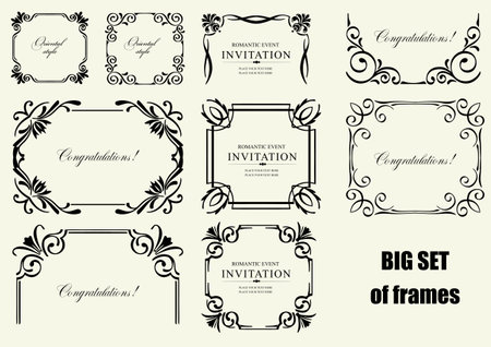 Set of ornate vector frames in chemise style and ornaments with sample text. Perfect as invitation or announcement. All pieces are separate. Easy to change colors and edit.のイラスト素材