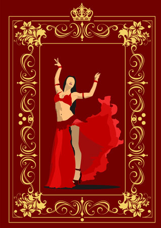 Belly dancer. Attractive girl dancing east dance. purple dress. 3d vector color illustrationのイラスト素材