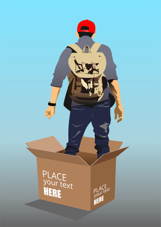 Young man stay inside the box. Abstract 3d color vector illustrationのイラスト素材