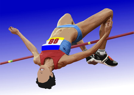 Abstract athlete jumps in height on a blue-white background. vector 3d illustration.のイラスト素材