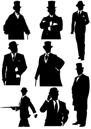 Set of London handsome gentlemen. White-black vector illustrationのイラスト素材