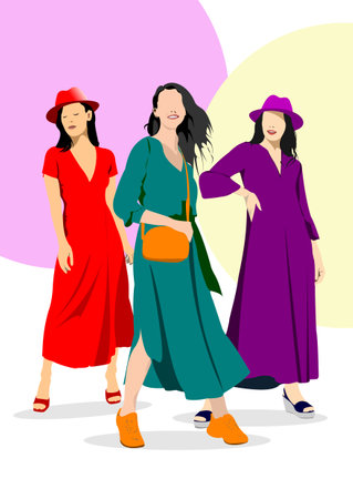 Three Silhouettes of fashion woman. Vector 3d illustrationのイラスト素材