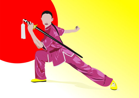 Oriental combat sports. Wu Shu. Colored 3d vector illustration.のイラスト素材