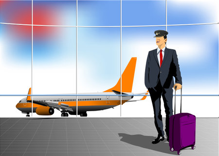 Airport scene with airplane and pilot images. Vector 3d illustration for designersのイラスト素材