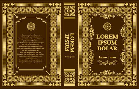 Ornate leather book cover and Old retro ornament frames. Royal Golden style design. Historical novel. Oriental style Vector illustrationのイラスト素材