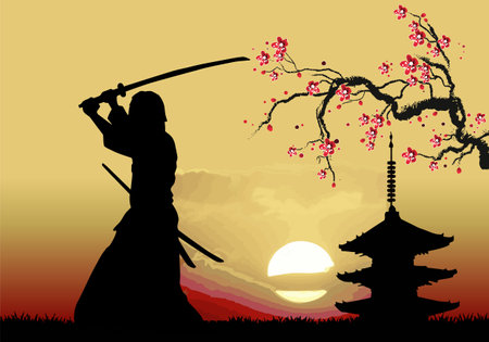 Black silhouette of Samurai with the sword on hight sky background. Vector hand drawn illustrationのイラスト素材