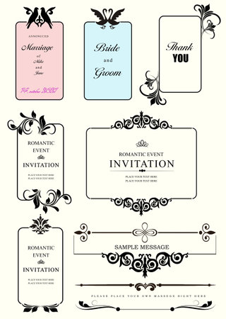 Set of ornate vector frames and ornaments with sample text. Perfect as invitation or announcement. All pieces are separate. Easy to change colors and edit. Hand drawn illustrationのイラスト素材
